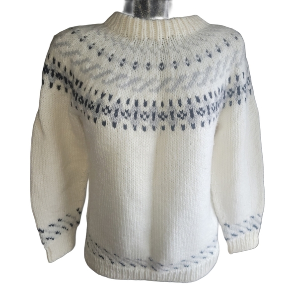 Handmade White and Black Fair Isle Knit Sweater - Picture 1 of 7